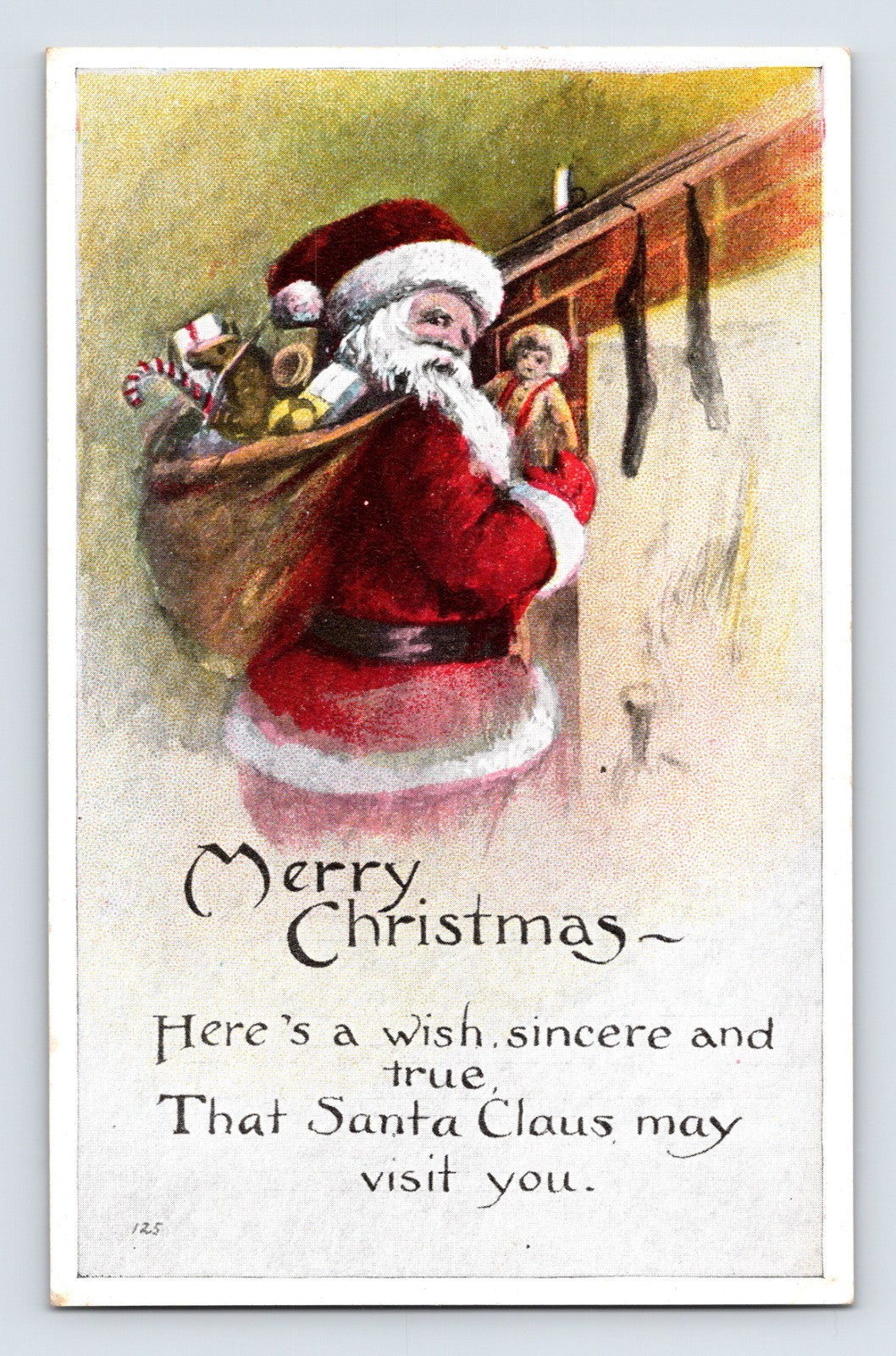 Santa Claus carrying toy-filled sack beside snowy rooftop on vintage Christmas postcard with holiday verse and Merry Christmas greeting.