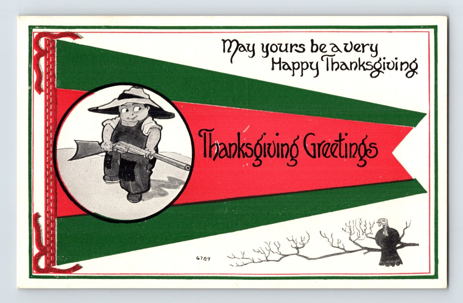 Thanksgiving 1920s postcard with little boy holding rifle in pennant design with turkey illustration and holiday greeting text