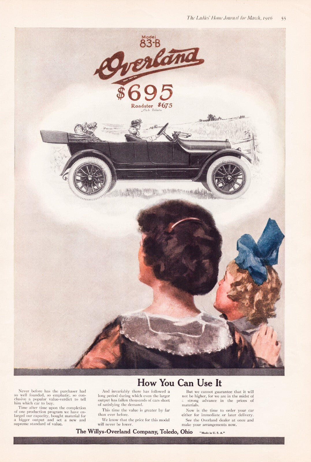 Overland Willys 1916 Model 83-B Automobile 2-Page 2-Piece Print Ad 11 x 16 Each