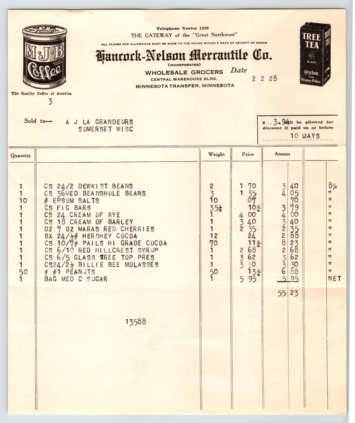 Minneapolis Minnesota 1928 Hancock Nelson Mercantile Billhead 8 x 9