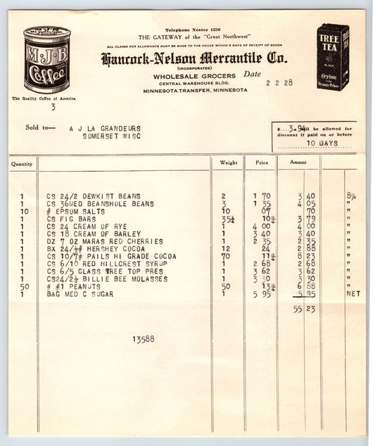 Minneapolis Minnesota 1928 Hancock Nelson Mercantile Billhead 8 x 9