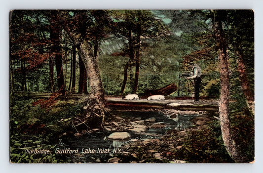 1908 postcard of Old Bridge at Guilford Lake inlet New York showing wooded stream crossing with rustic footbridge and flowing water among rocks