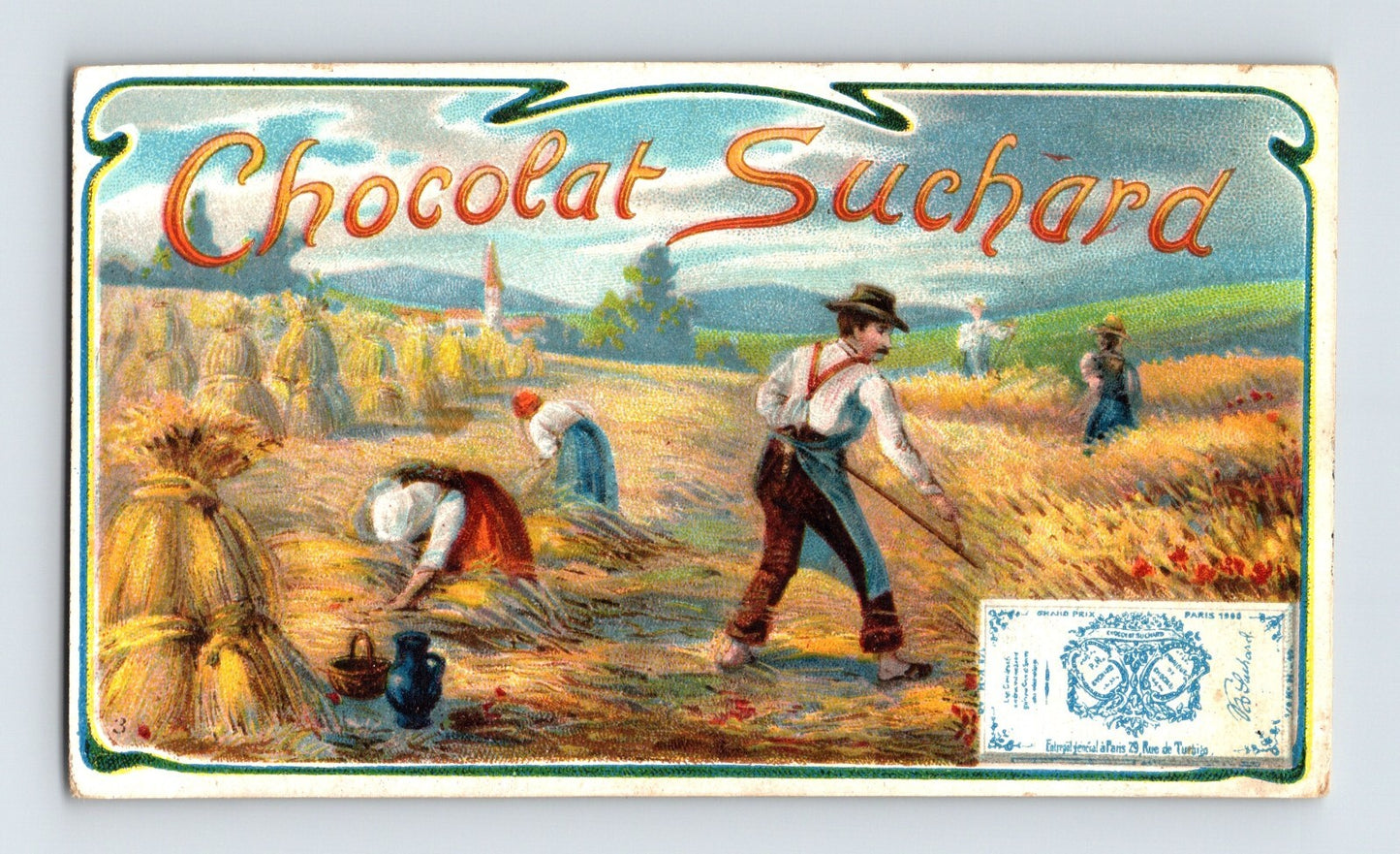 Chocolat Suchard Victorian trade card wheat harvest farming scene rural labor chromolithograph advertising