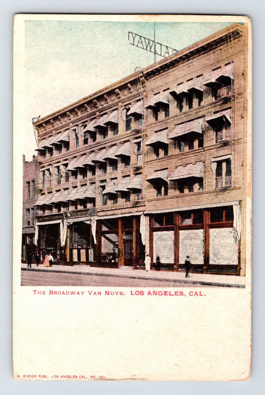 Broadway Van Nuys building Los Angeles California pre 1907 undivided back postcard storefront awnings early downtown street scene