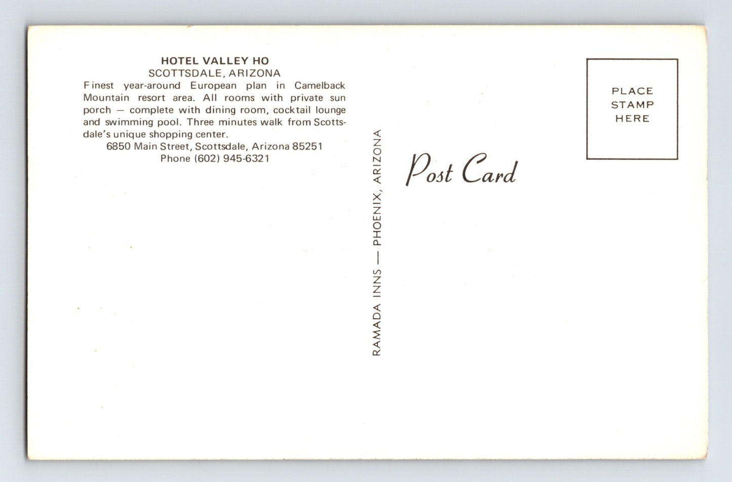 Scottsdale Arizona Hotel Valley Ho Patio 1970s Chrome Postcard Unposted