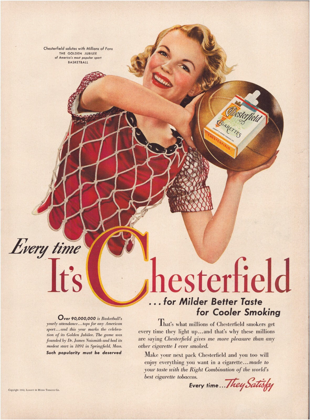 Chesterfield Cigarettes 1942 print ad woman basketball theme Golden Jersey Mild Taste Cooler Smoking