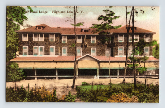 Highland Lake New York Deer Head Lodge 1920s Postcard Unposted Hand Colored
