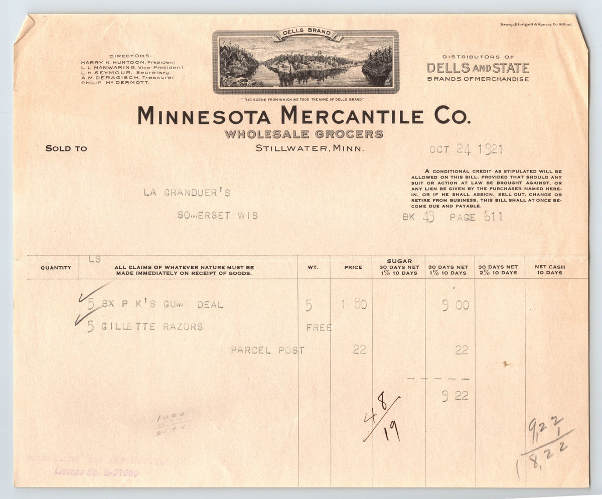 Stillwater Minnesota 1921 Minnesota Mercantile Grocery Billhead 8 x 7