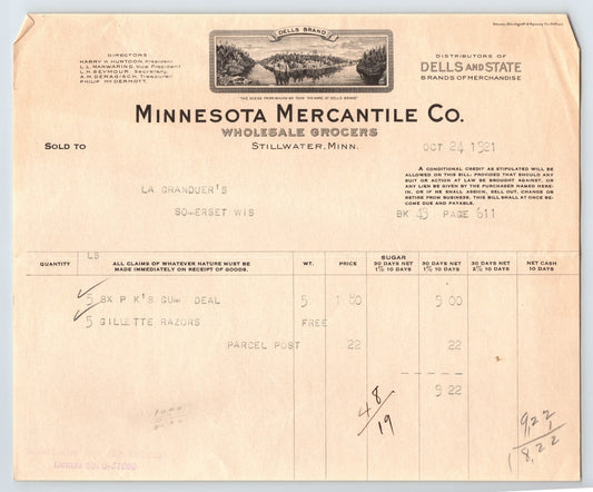 Stillwater Minnesota 1921 Minnesota Mercantile Grocery Billhead 8 x 7