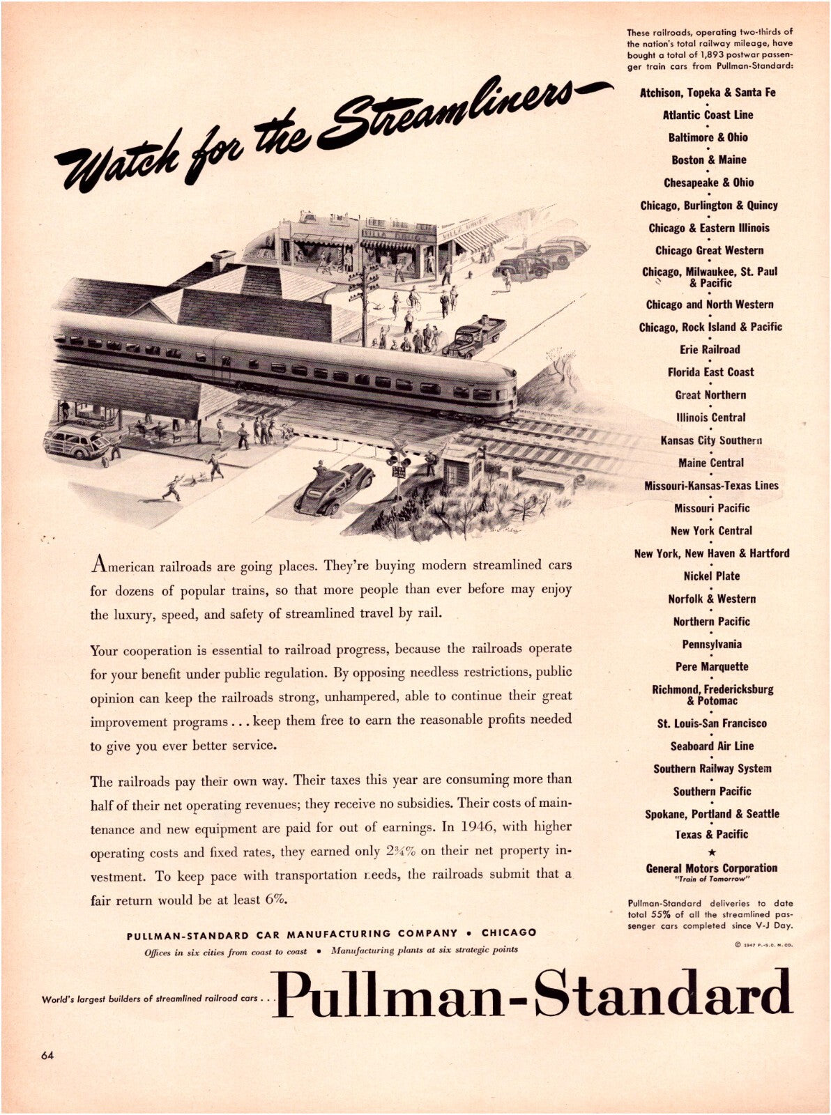 Pullman Standard streamliner rail car 1947 print ad train illustration station passengers