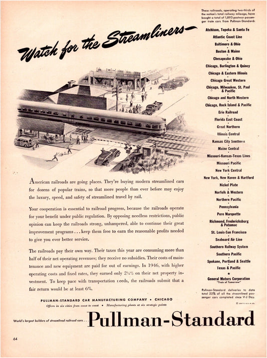 Pullman Standard streamliner rail car 1947 print ad train illustration station passengers