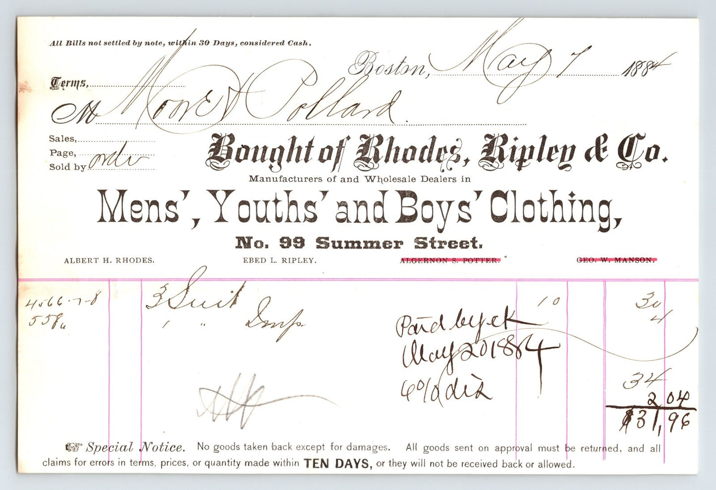 Boston Massachusetts Rhodes Ripley and Company 1884 billhead for mens youths and boys clothing with handwritten purchase entry