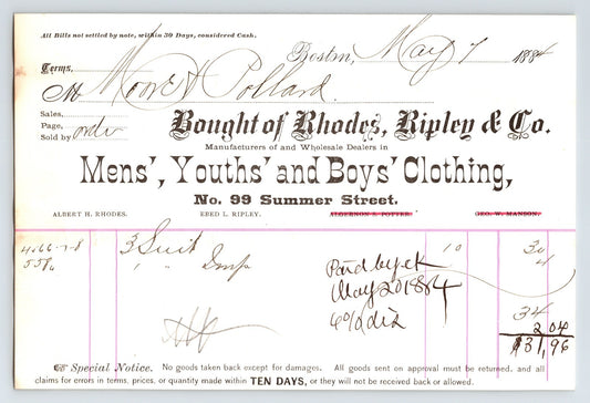 Boston Massachusetts Rhodes Ripley and Company 1884 billhead for mens youths and boys clothing with handwritten purchase entry