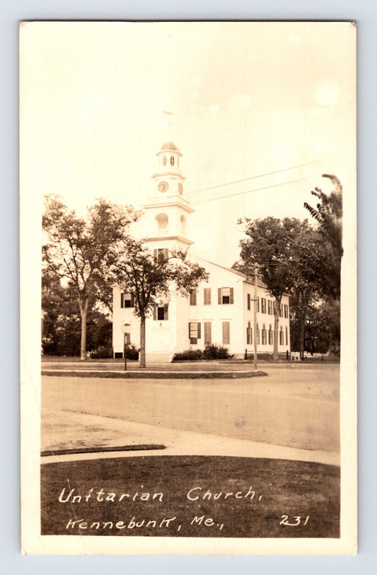 Kennebunkport Maine Unitarian Church RPPC 1944 white clapboard church steeple street view