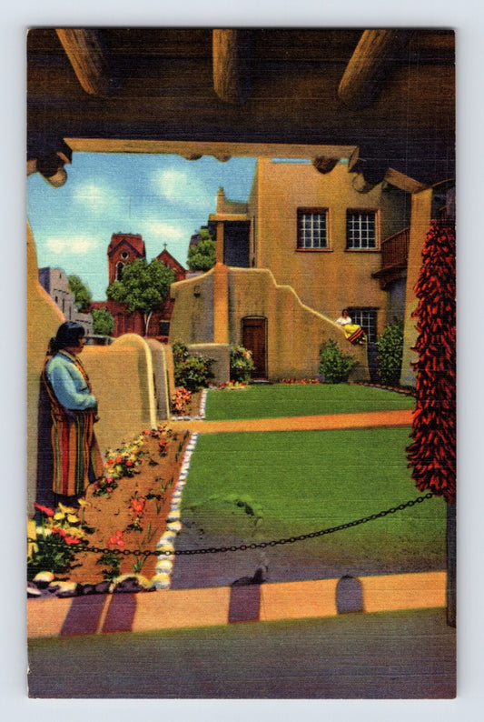 Santa Fe New Mexico La Fonda Hotel patio adobe courtyard linen postcard