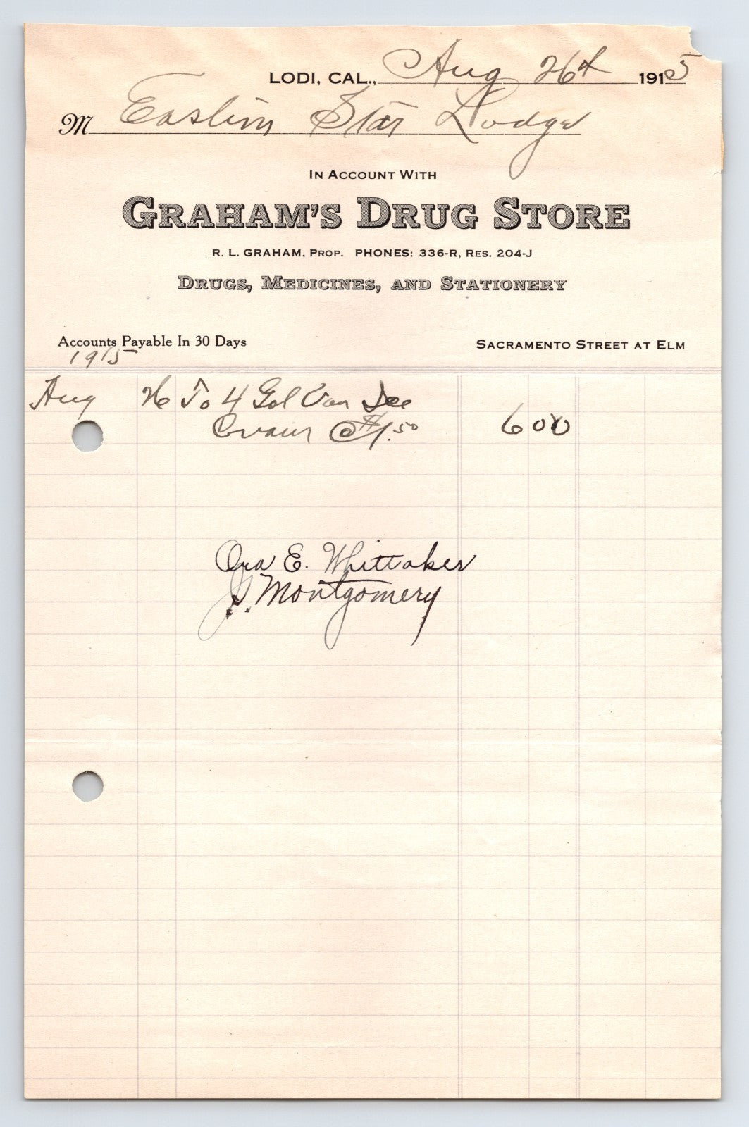 Lodi California Graham Drug Store 1915 billhead ledger Eastern Star Lodge entry