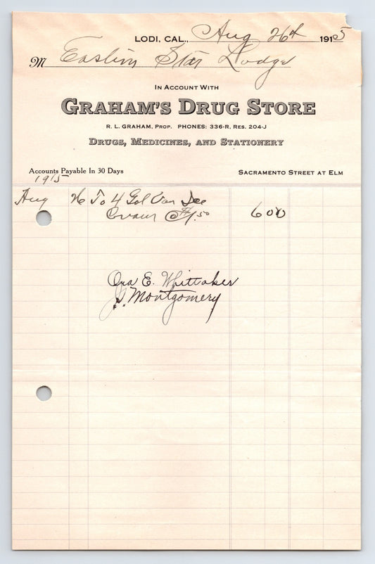 Lodi California Graham Drug Store 1915 billhead ledger Eastern Star Lodge entry