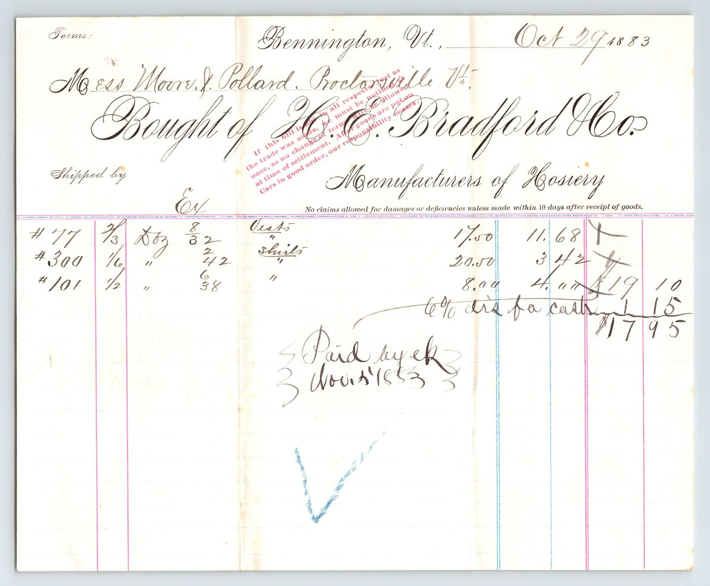 Bennington Vermont H E Bradford Hosiery 1883 billhead antique ledger invoice hosiery manufacturer