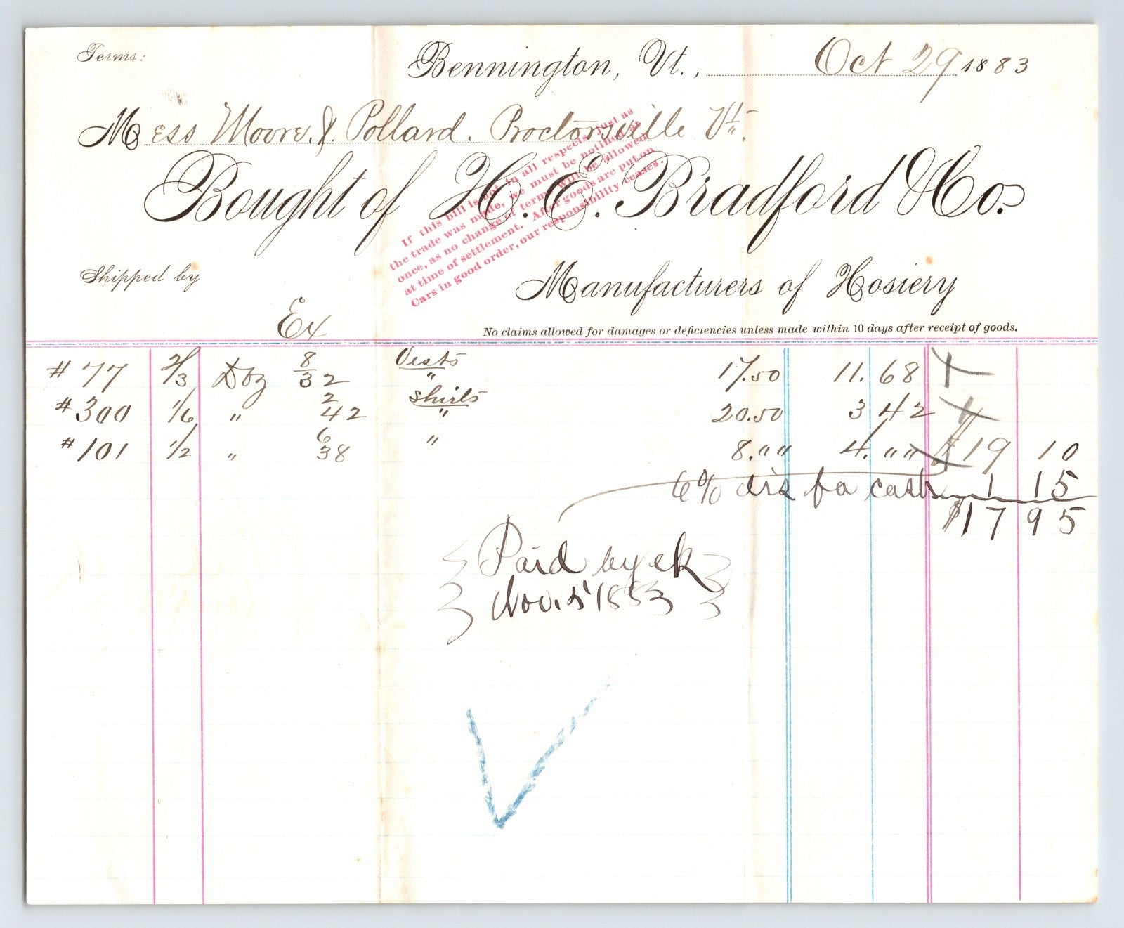 Bennington Vermont H E Bradford Hosiery 1883 billhead antique ledger invoice hosiery manufacturer