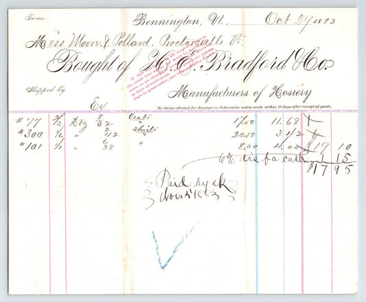 Bennington Vermont H E Bradford Hosiery 1883 billhead antique ledger invoice hosiery manufacturer