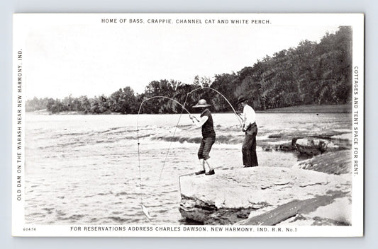 New Harmony Indiana Wabash River fishing scene postcard with two men casting lines from rocky riverbank