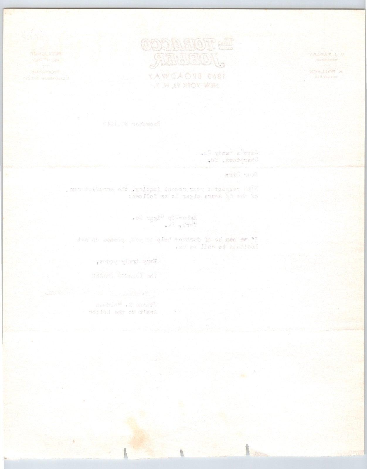 New York City 1949 Tobacco Jobber Magazine Trade Letterhead 8.5 x 11