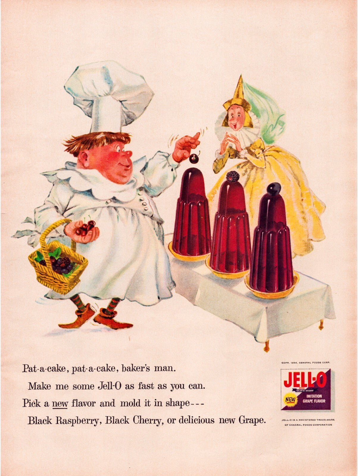 Jell-O grape gelatin molds chef baker illustration 1956 print ad