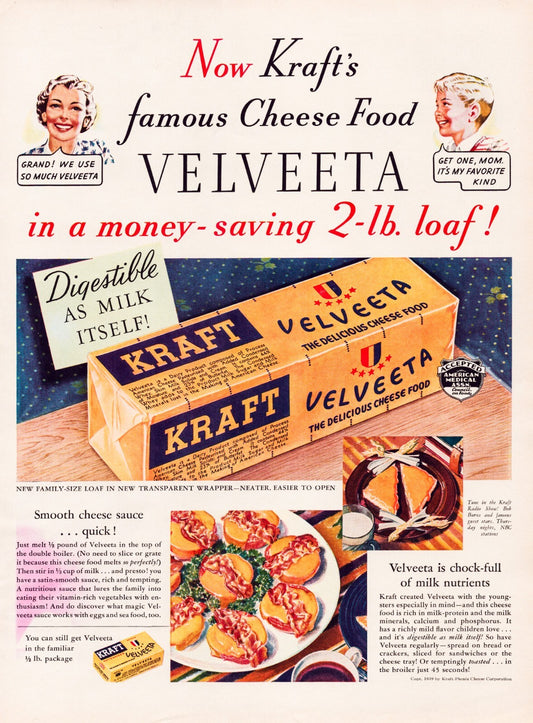 Kraft Velveeta Cheese 1939 Print Ad Full Page 10.5 x 13.5