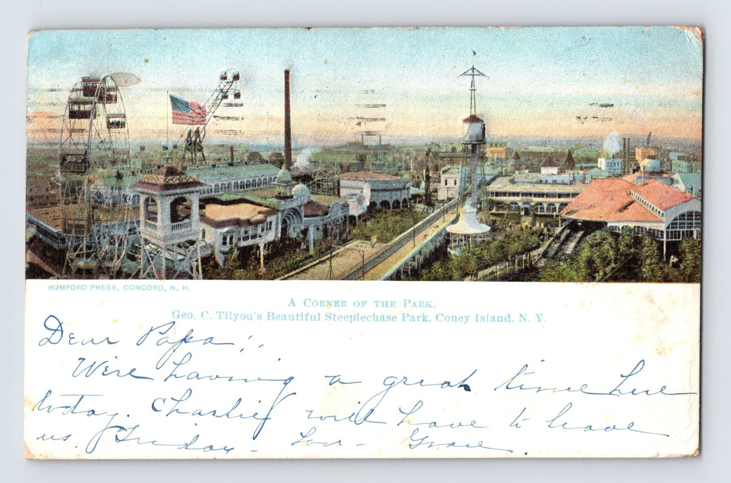 New York City Coney Island Steeplechase Park aerial amusement park rides Ferris wheel postcard 1911