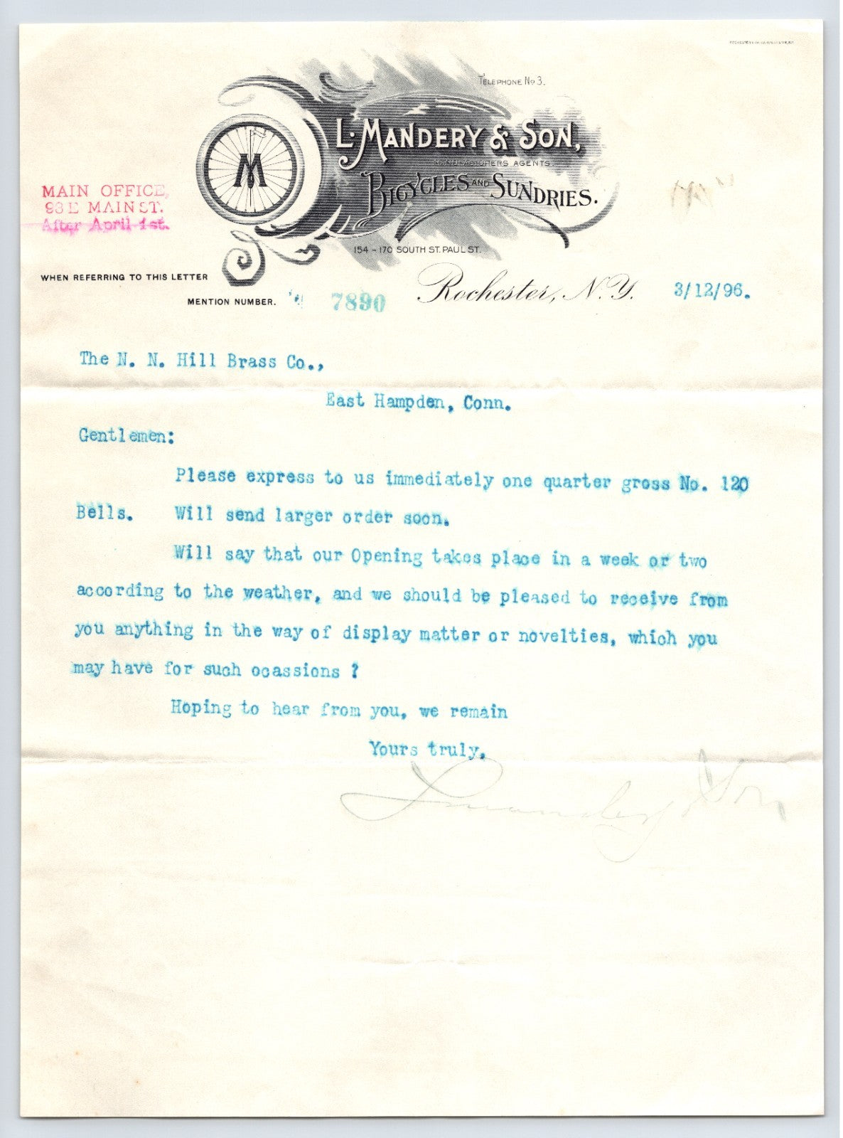 Rochester New York 1896 J Mandery Son Bicycle Letterhead 8.5 x 11