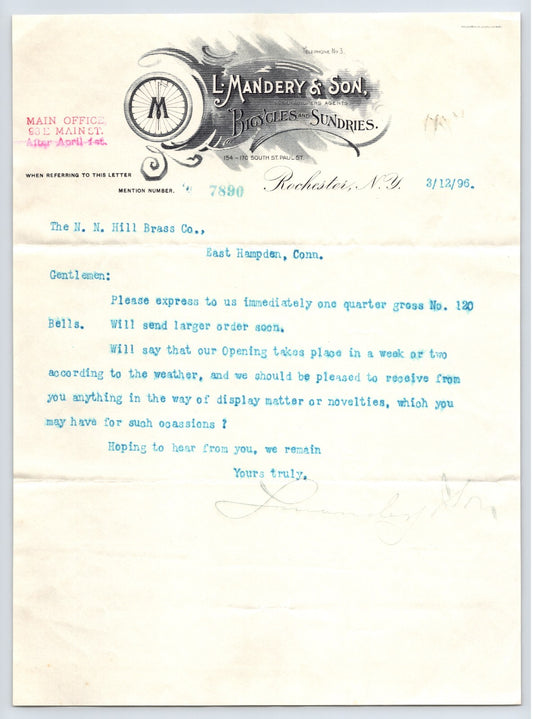 Rochester New York 1896 J Mandery Son Bicycle Letterhead 8.5 x 11