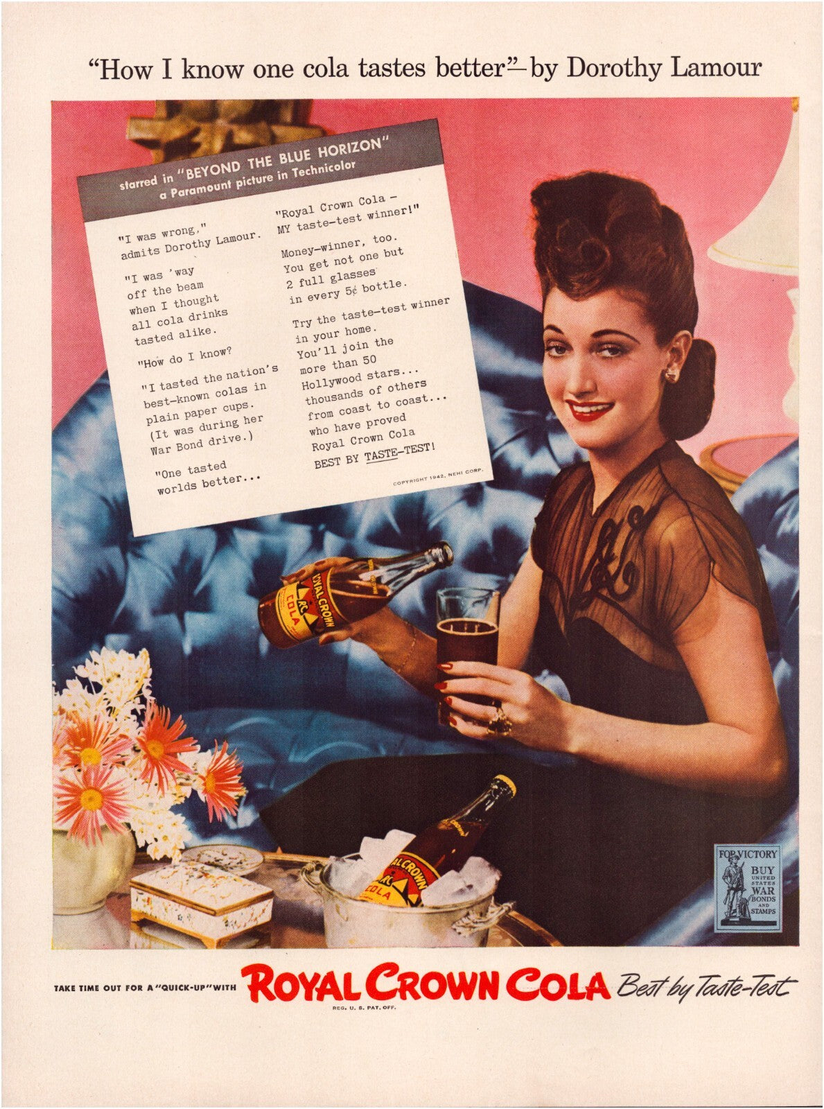 Royal Crown Cola 1942 Dorothy Lamour print ad woman pouring soda glass vintage advertising