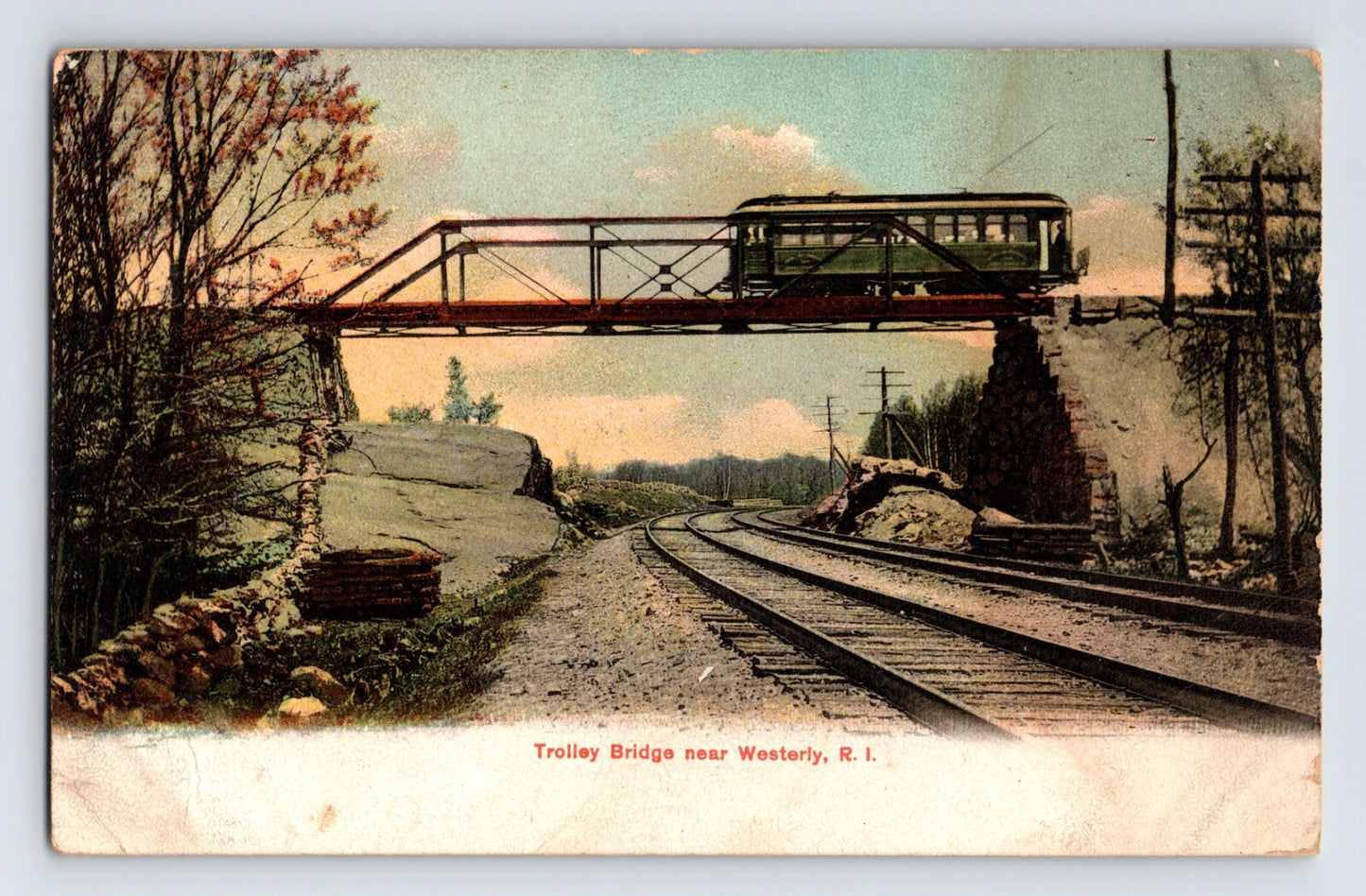 Westerly Rhode Island trolley bridge railroad pre 1907 postcard with streetcar crossing elevated bridge over tracks
