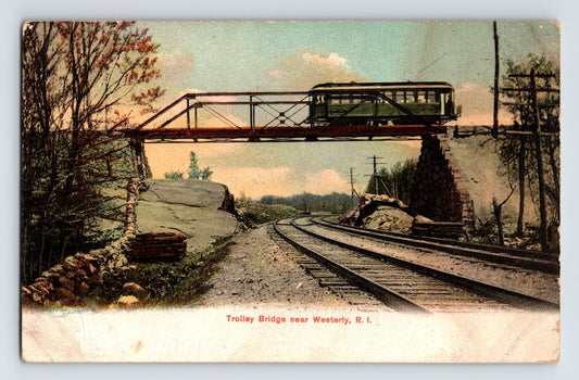 Westerly Rhode Island trolley bridge railroad pre 1907 postcard with streetcar crossing elevated bridge over tracks