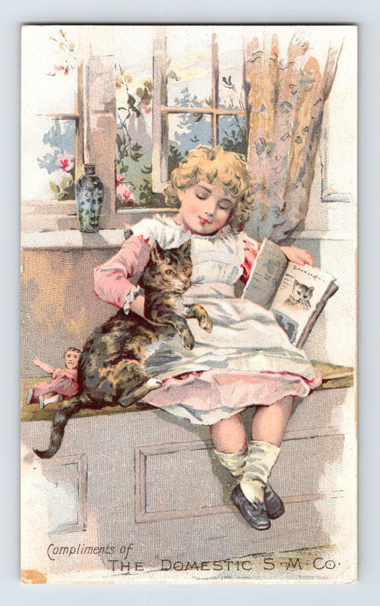 Domestic Sewing Machine trade card girl reading cat window Victorian 1890s 3 x 5