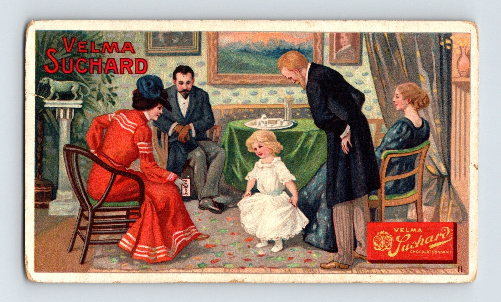 Velma Suchard chocolate Victorian trade card little girl parlor family scene 1890s