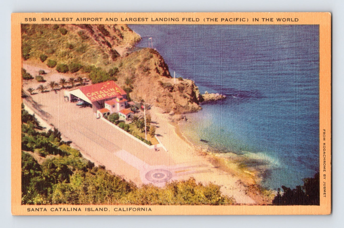 Santa Catalina Island California Avalon airport runway beach cliff aerial view linen postcard