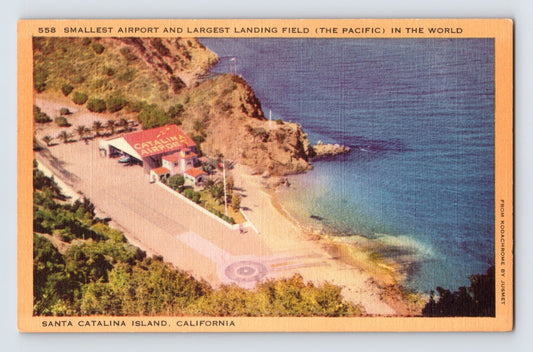 Santa Catalina Island California Avalon airport runway beach cliff aerial view linen postcard