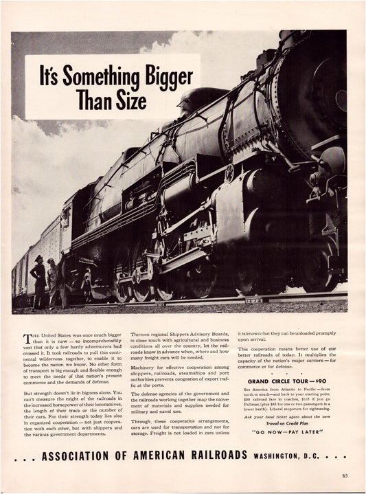 Association of American Railroads steam locomotive freight train wartime transportation print advertisement 1941