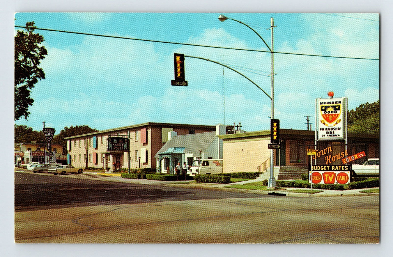 Waco Texas Town House Motel Toodle House intersection 1960s postcard with roadside signs and buildings