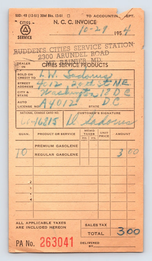 Baltimore Maryland Cities Service gas station invoice receipt Rudden station 1954