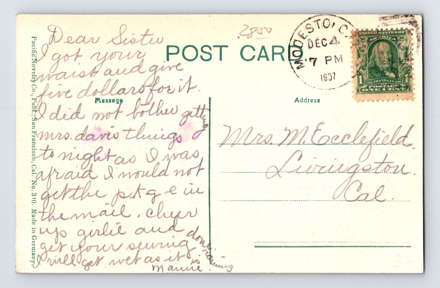 Modesto California Southern Pacific Railroad Bridge 1908 Postcard Posted Divided Back