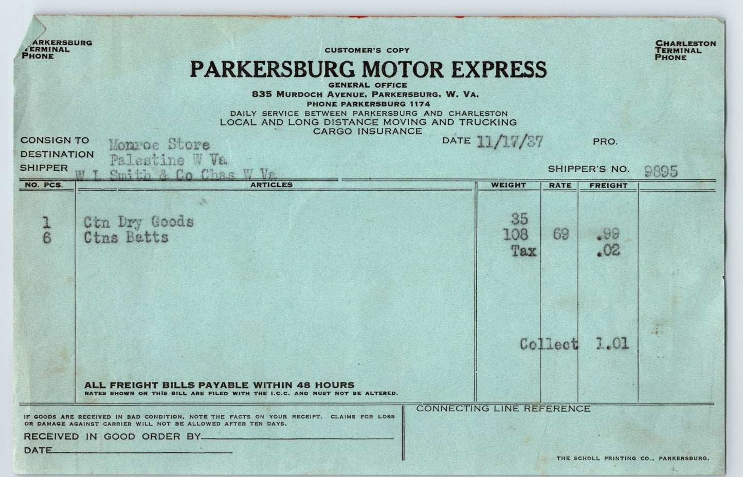 Parkersburg Motor Express 1937 billhead West Virginia freight trucking invoice document with shipment details cargo weights and typed entries