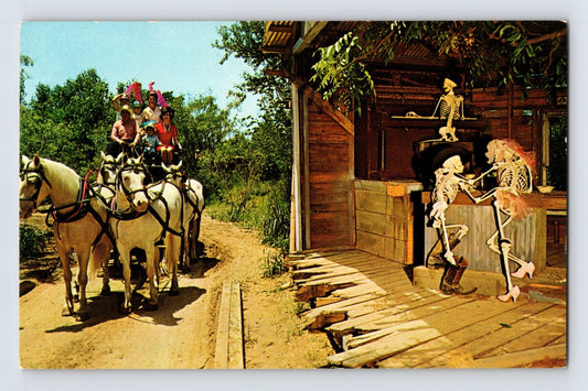Six Flags Texas stagecoach ghost town skeleton saloon 1960s postcard