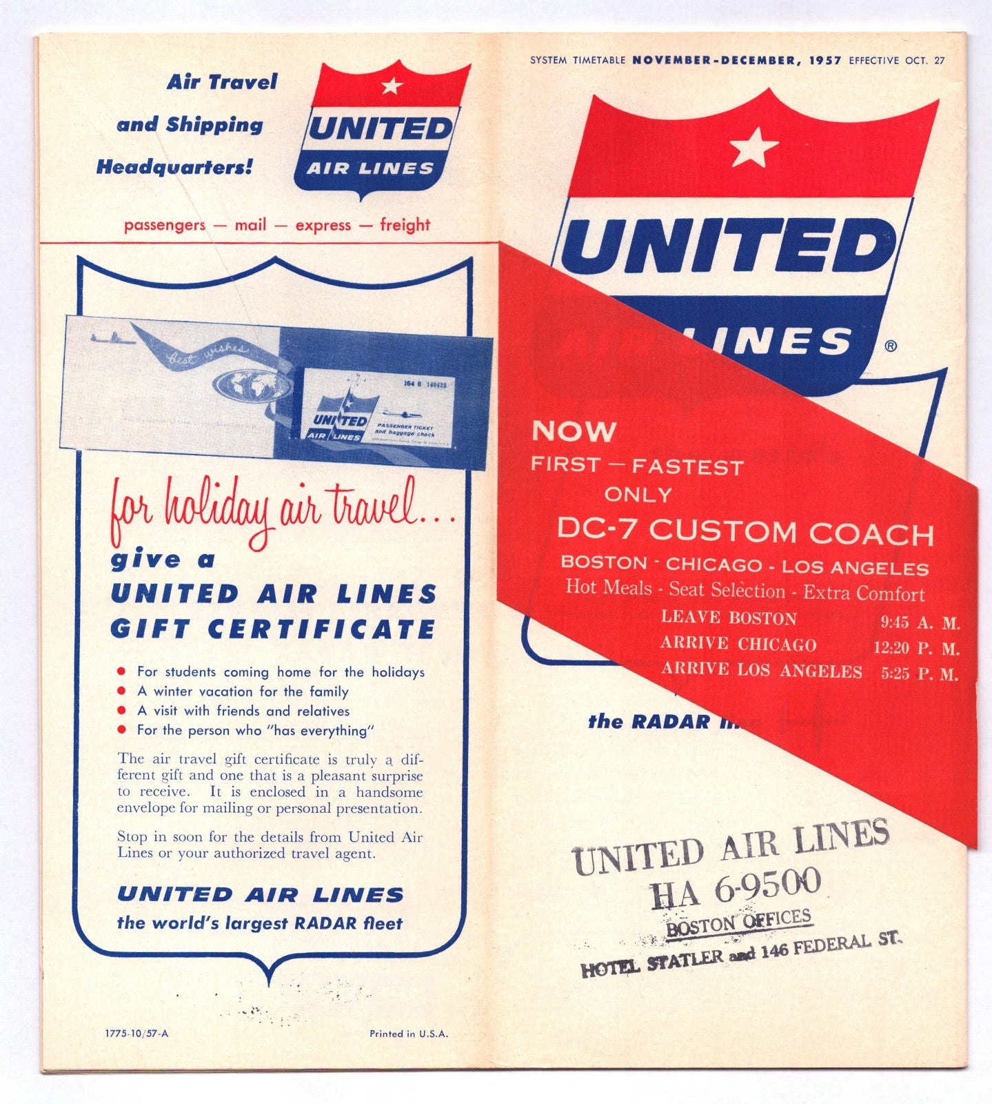 1957 United Air Lines DC 7 system timetable brochure booklet with red and blue shield design and custom coach promotion