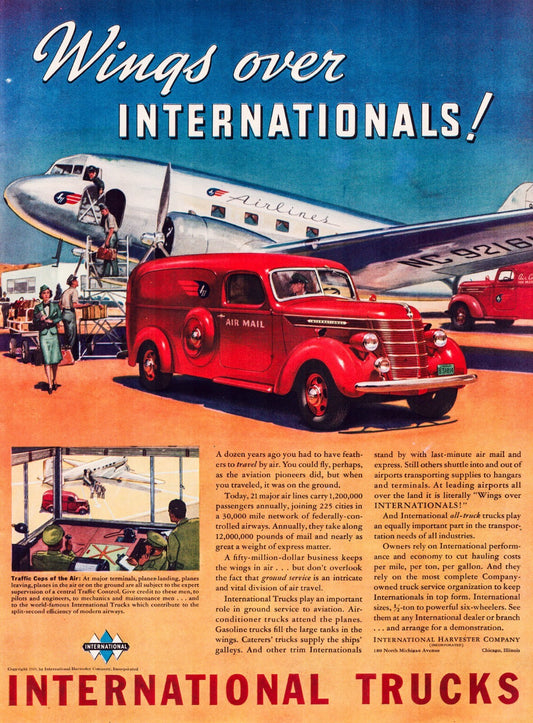 International Trucks air mail truck airport airplane cargo 1939 aviation print advertisement
