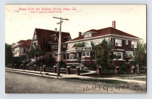 Napa California First and Madison Streets houses 1908 residential neighborhood postcard