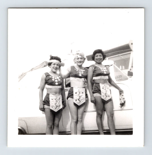Black and white photograph of Clyde Beatty Circus lady performers in costume Concordia Kansas 1954