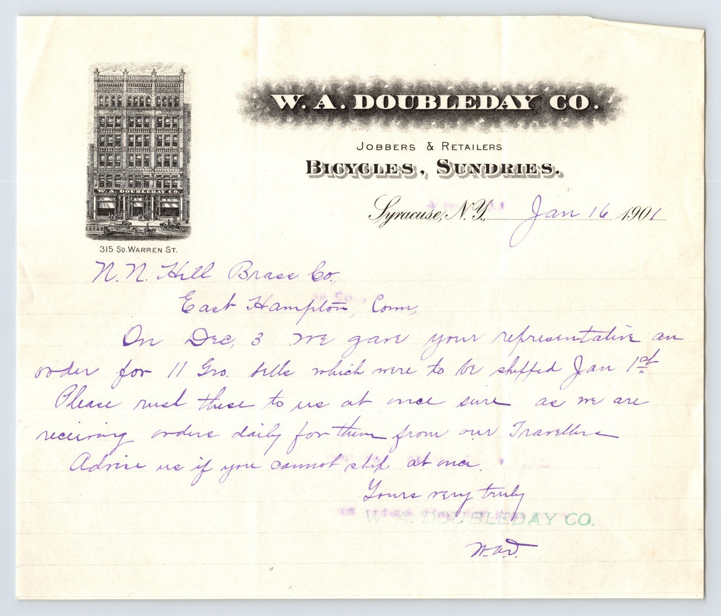 W A Doubleday Company Syracuse New York 1901 Bicycle Letterhead 8.5 x 7 front and reverse showing factory building vignette and handwritten order correspondence