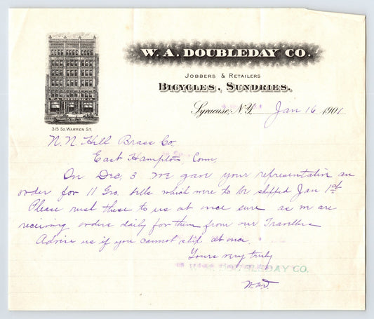 W A Doubleday Company Syracuse New York 1901 Bicycle Letterhead 8.5 x 7 front and reverse showing factory building vignette and handwritten order correspondence